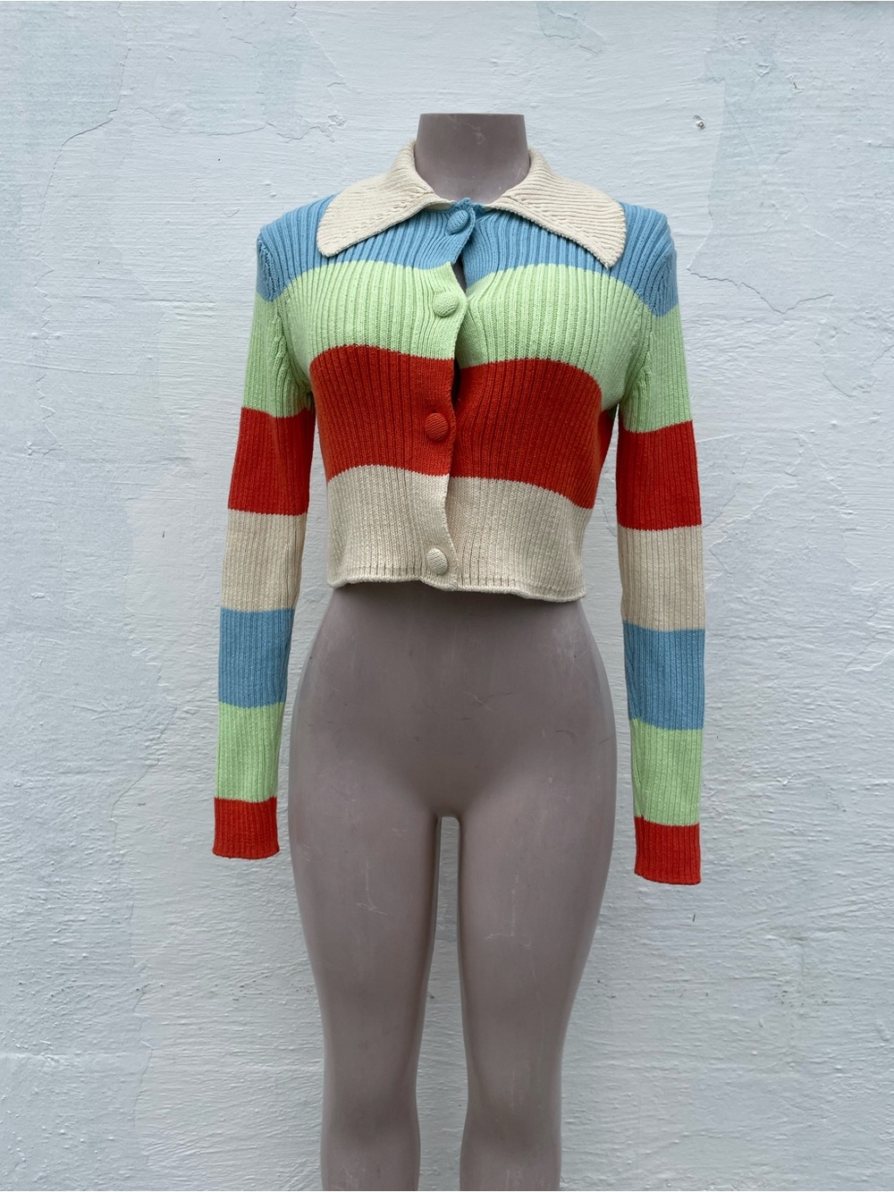 Zara Cropped Striped Cardigan in Blue, Green, Red, Cream